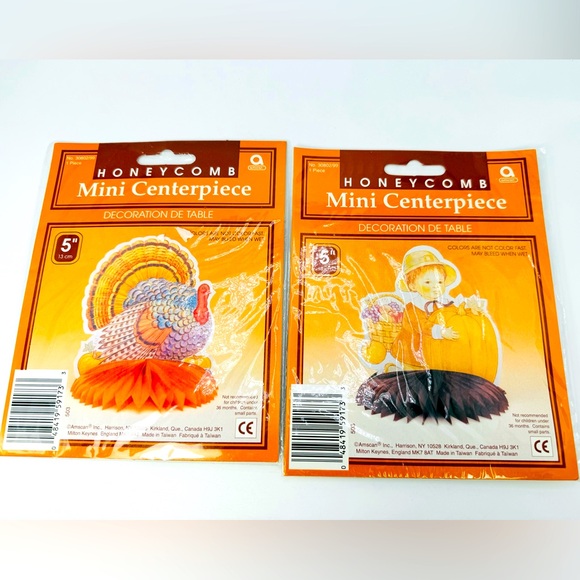 VTG Amscan Mini Thanksgiving Honeycomb Centerpieces Lot Of 2 Turkey/Pilgrim Boy - Picture 1 of 4